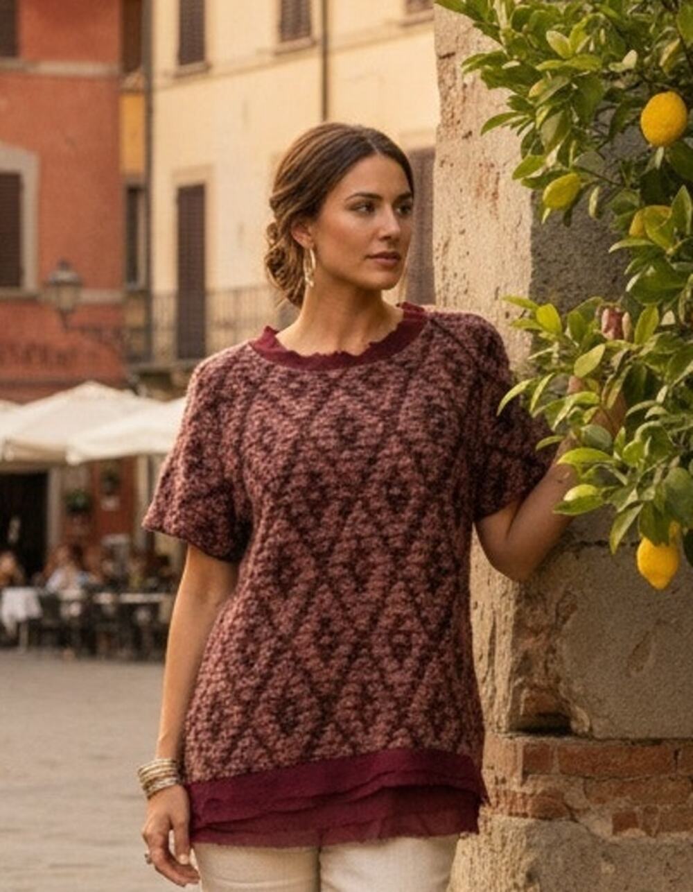 Lola Made in Italy Wool Blend Textured Sweater Blouse w/ Semi-Sheer Details